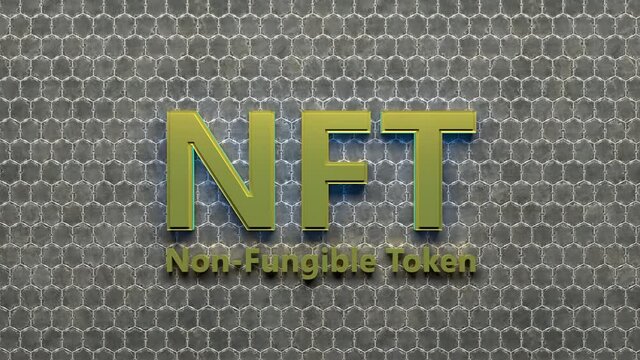 Golden NFT Crypto Art currency concept. Non Fungible Token with light flashing on abstract background. 3d Rendering.  seamless loop.