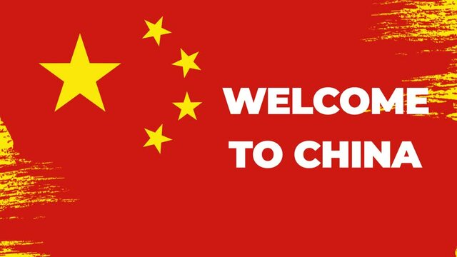 Welcome to China text animation with a national flag in the background. The flag is drawn with big brush strokes. 4K animation