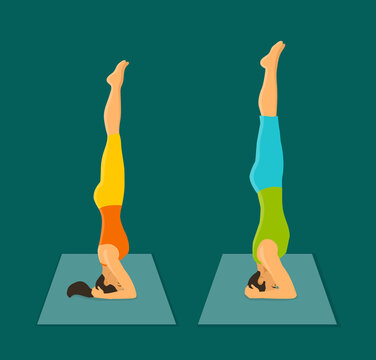 Man and woman headstand pose. Couple practicing yoga sirsasana stand on head pose