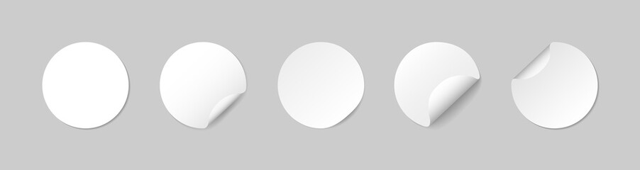 Round sticker with adhesive and curved corner. Mockup of paper circle label with bent edge. White mock up with shadow isolated on transparent background. Icon for sale, price, badge, discount. Vector