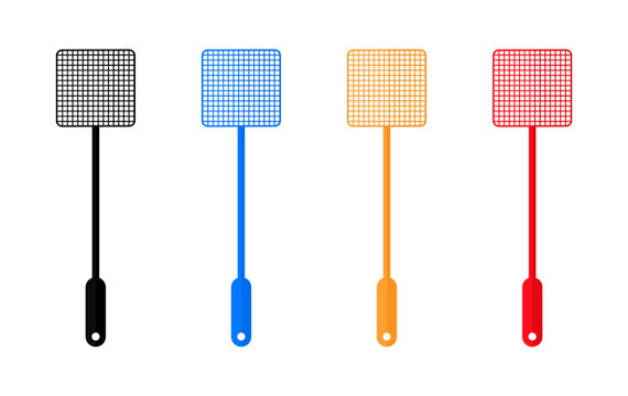 Flyswatter. Fly swatter for swat of mosquito. Icon of killer of insect. Design of flyswatter with different colors: black, red, orange, blue. Plastic tool isolated on white background. Vector