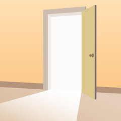 Open Door with light beams going inside room. Symbol of new way, exit, discovery, new opportunities. Business motivation concept. Vector illustration