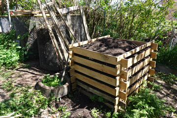 Compost, Wooden Compost Box With Finished Compost Soil In The Garden