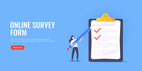 Checklist complete business concept tiny people with pencil nearby giant clipboard, task done and check mark ticks flat style design vector illustration isolated white background.