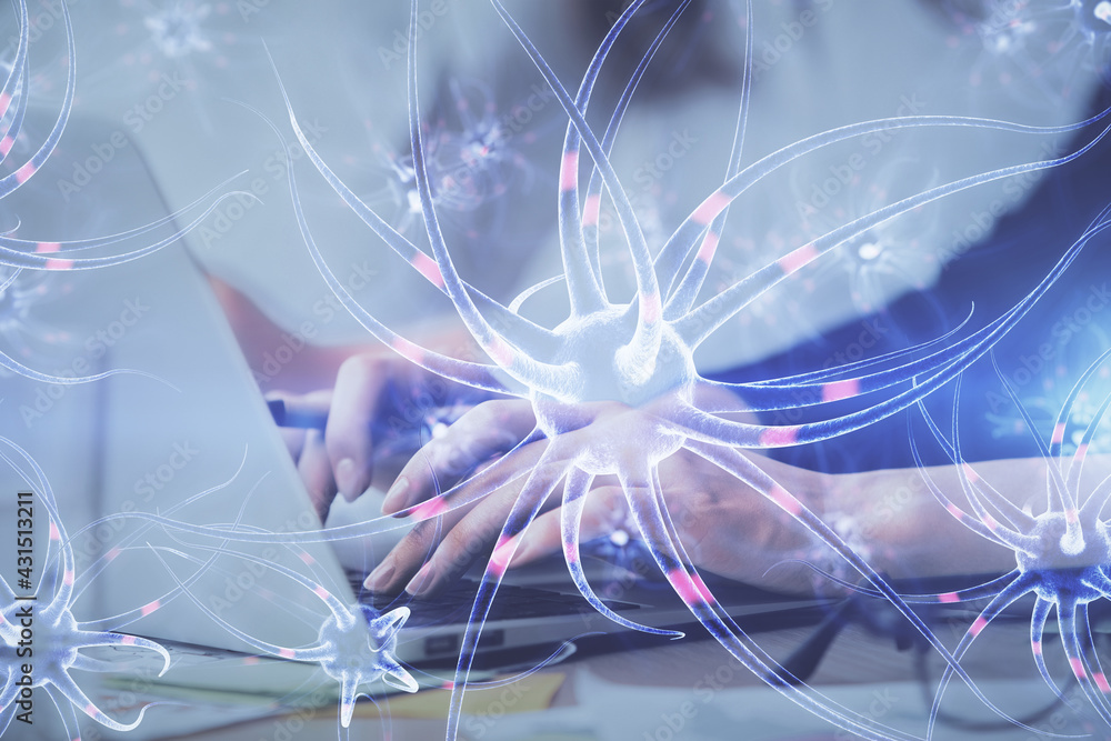 Wall mural double exposure of woman hands typing on computer and neuron drawing. education concept.