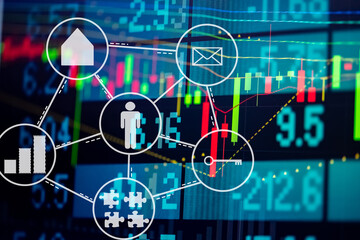 Charts of stock market instruments with various type of indicators and volume analysis for professional technical analysis on the monitor of a computer. Fundamental and technical analysis concept.