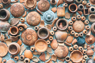 Fullframe background texture of wall that made from clay pots at Koh kret island, Nonthaburi province, Thailand