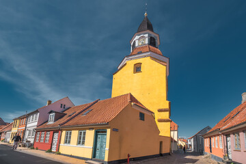 Fototapeta na wymiar Bell Tower in Faaborg old streets, Denmark