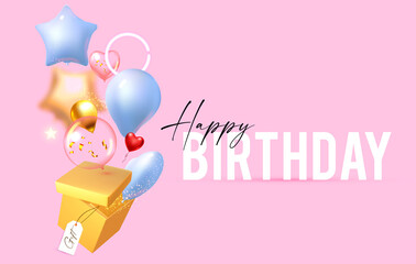 Happy Birthday with foil balloons and gift box. Glossy celebration design template. Anniversary, sale, baby shower and wedding invitation