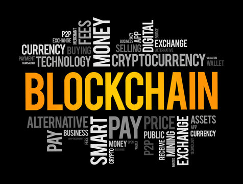Blockchain cryptocurrency coin word cloud collage, business concept background