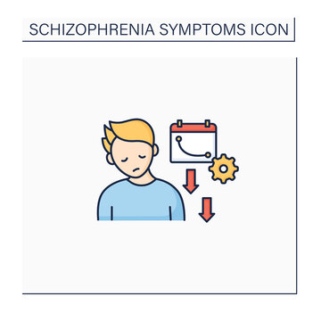 Disorganized Behavior Color Icon. Decline Overall Daily Functioning.Tiredness. Low Daily Activity. Schizophrenia Symptoms Concept. Isolated Vector Illustration