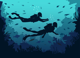Man and woman scuba divers silhouette swimming in deep sea. Underwater Background with coral reefs and fishes
