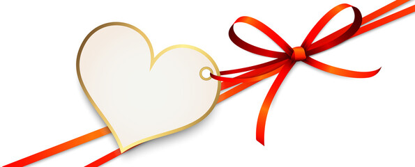 red ribbon bow with heart hang tag