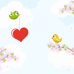 Birds in love on blossom branches