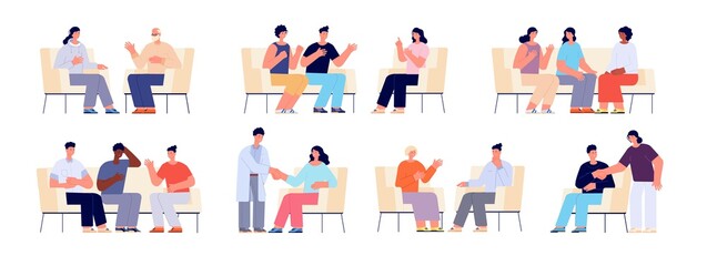 Group therapy. People sitting chairs, person on sofa or couch talk with consultant. Adults talking, psychologist and psychology support utter vector set