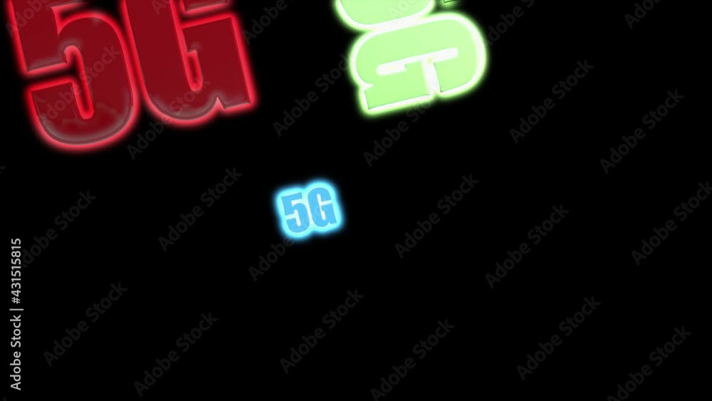 Poster colorful 5g text sign moving in front of black screen.network and internet concept symbol. computer 