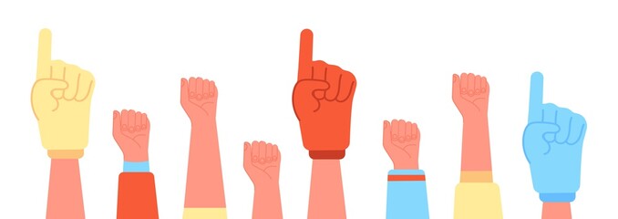 Fans foam fingers. Diversity sports hand, soccer fan thumb up. Sport crowd hands, cartoon football fanatic glove. Support team utter vector concept