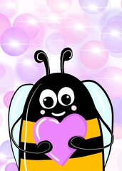 Funny pretty bee holding a purple heart, hand-drawn. Concept of holiday greetings.