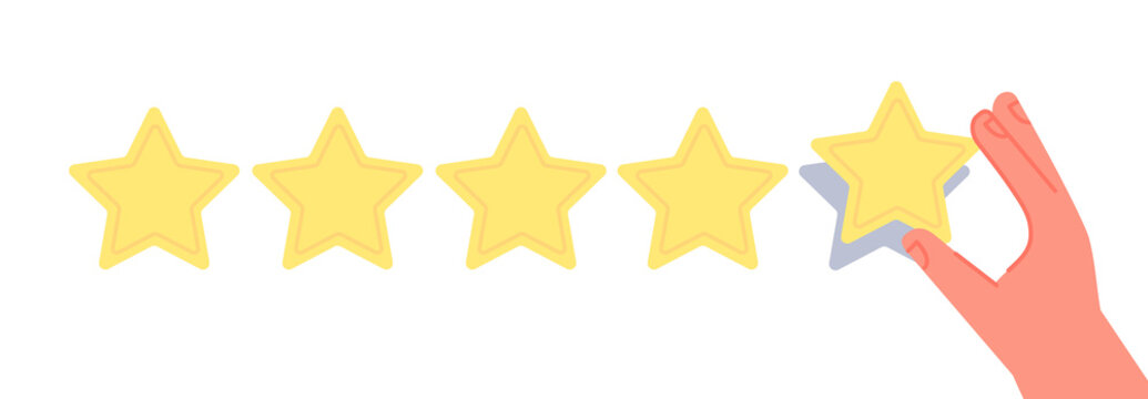 Feedback concept. Good review, supporting client service successful. Hand holding star, golden stars rating. Reputation or quality utter vector concept