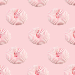 Meringue candy pastel colors seamless pattern delicate pink background. French pastries, sweet swirls of zephyr. Whipped egg cream and sugar dessert. Wallpaper, textiles, wrapping paper print