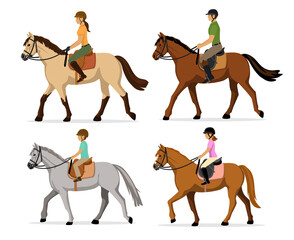 Man, woman, boy, girl riding horses vector illustration set, isolated. Family equestrian sport training horseback ride - obrazy, fototapety, plakaty