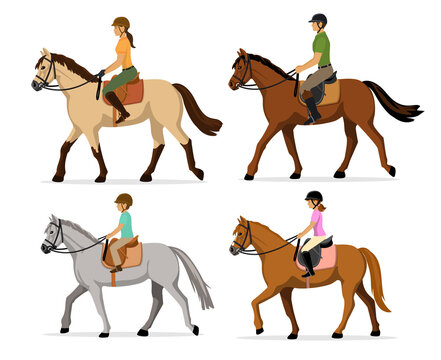 Man, woman, boy, girl riding horses vector illustration set, isolated. Family equestrian sport training horseback ride