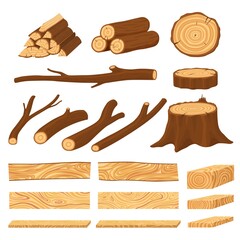 Cartoon timber. Pine wood timbers, planks stacks and old firewood objects. Lumbers pile, forest stumps and log tree trunks recent vector set