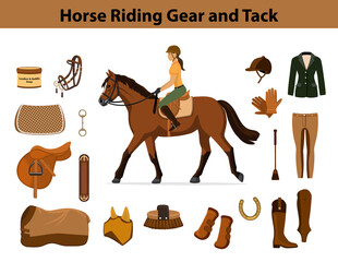 Equestrian port equip et. Horse riding gear and tack accessories. Show Jacket, breeches, gloves, boots, chaps,  whip, horseshoes, grooming brush, saddle, pad, blanket