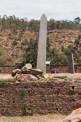 Aksumite civilization ruins, Ancient monolith stone obelisks behind Church of Our Lady of Zion,...