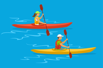 man and woman kayaking vector illustration - obrazy, fototapety, plakaty