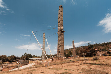 Aksumite civilization ruins, Ancient monolith stone obelisks behind Church of Our Lady of Zion, symbol of the Aksum, Ethiopia. UNESCO World Heritage site.