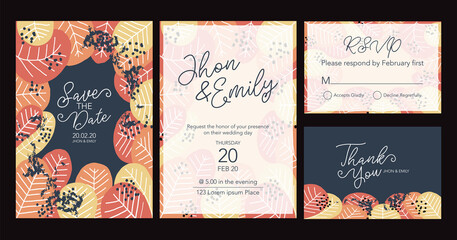 Floral wedding Invitation card, save the date, thank you, rsvp template. Vector. 