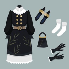 Women's wardrobe. Dress of a noble lady. Shoes, bag, black gloves, white socks. Victorian style of dress. Dress with lace and brown belt at the waist.