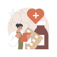 Heart disease treatment abstract concept vector illustration. Chest pain, heartbeat problem, patient cure, professional therapy and hospital care, medication and pills abstract metaphor.
