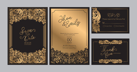 Wedding invitation cards baroque style  gold. Vintage Pattern. Retro Victorian ornament. Frame with flowers elements. Vector illustration. - Vector