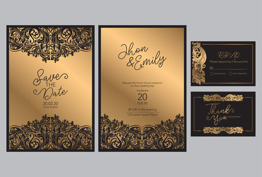 Wedding invitation cards baroque style  gold. Vintage Pattern. Retro Victorian ornament. Frame with flowers elements. Vector illustration. - Vector