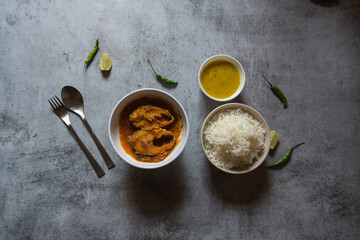 Rohu fish masala or curry, an Indian delicacy. Generally served with steamed rice and yellow pulses.