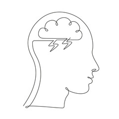 Human head with storm cloud in one line drawing. Mindfulness and stress management in psychology. Bad feelings and thoughts from mental illness. Vector illustration