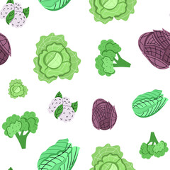 Bright vector seamless pattern of different types of cabbage .