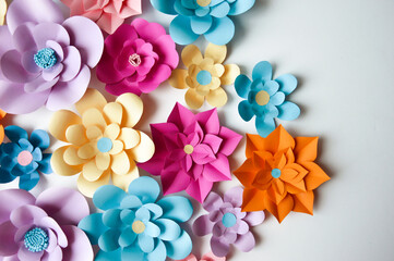 paper flowers. interior decor. wall decoration in the interior. paper decor. flowers in the interior. decoration with large flowers. background for decoration for the holiday.