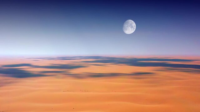 Full moon above sunlit desert sand dunes - 3d graphics animation