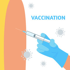 The doctor's hand holds a syringe with the coronavirus vaccine. Time for vaccination concept. Stock vector illustration. 