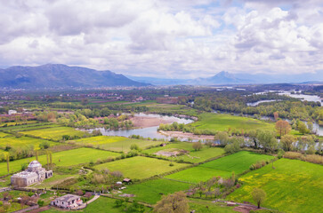 Albania, Shkoder. Beautiful view of   Buna ( Bojana ) river and riverside on sunny spring day