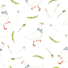Watercolor pattern with cute goose and leaves on white background
