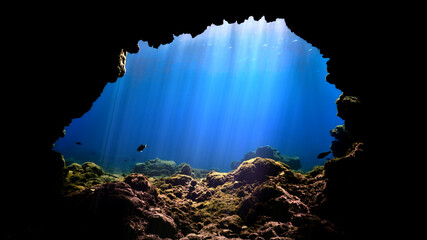 Underwater cave landscape in sunlight