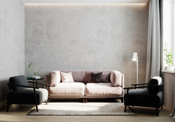 Light room interior, living room interior mockup with black chair, empty gray wall, 3d rendering