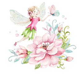 Cute Fairy character watercolor illustration on white background. Magic fantasy cartoon pink fairytale design. Baby girl birthday