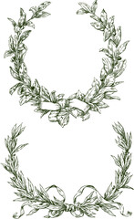 Freehand drawings of triumphal laurel branches with ribbons