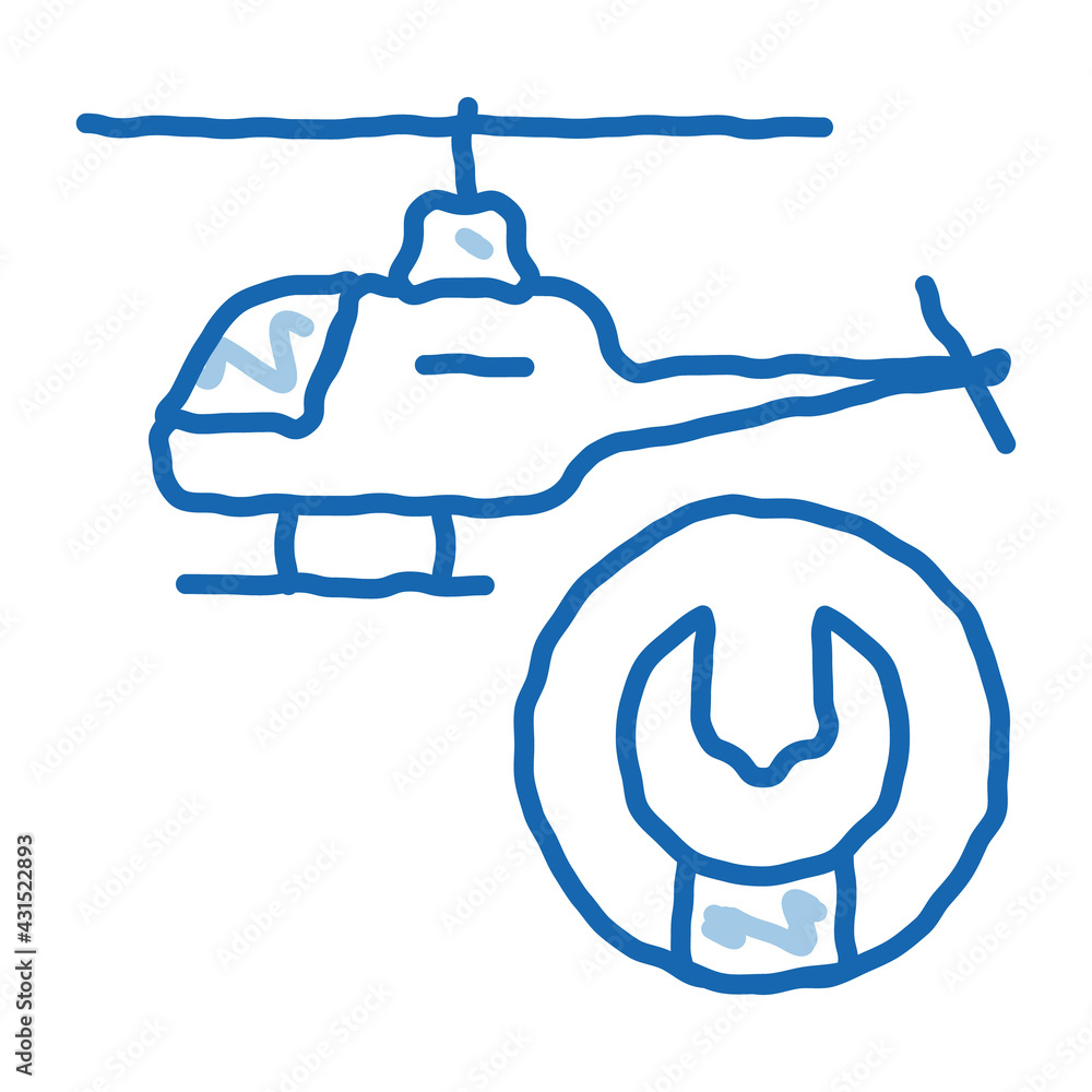 Sticker helicopter wrench doodle icon hand drawn illustration