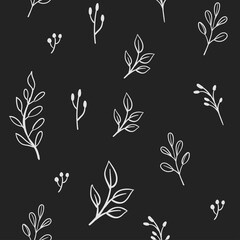 Floral doodle elements seamless texture. Hand drawn decorative leaves and wreaths texture background. Tree branches with leaf illustrations.